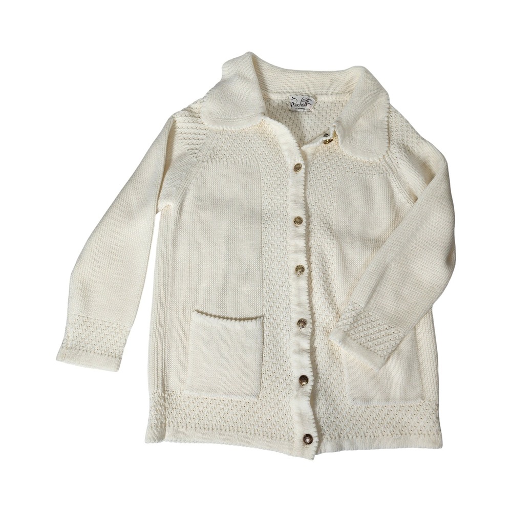 Rochelle California Vintage Cream Knit Cardigan Gold Button Pocket Sweater S